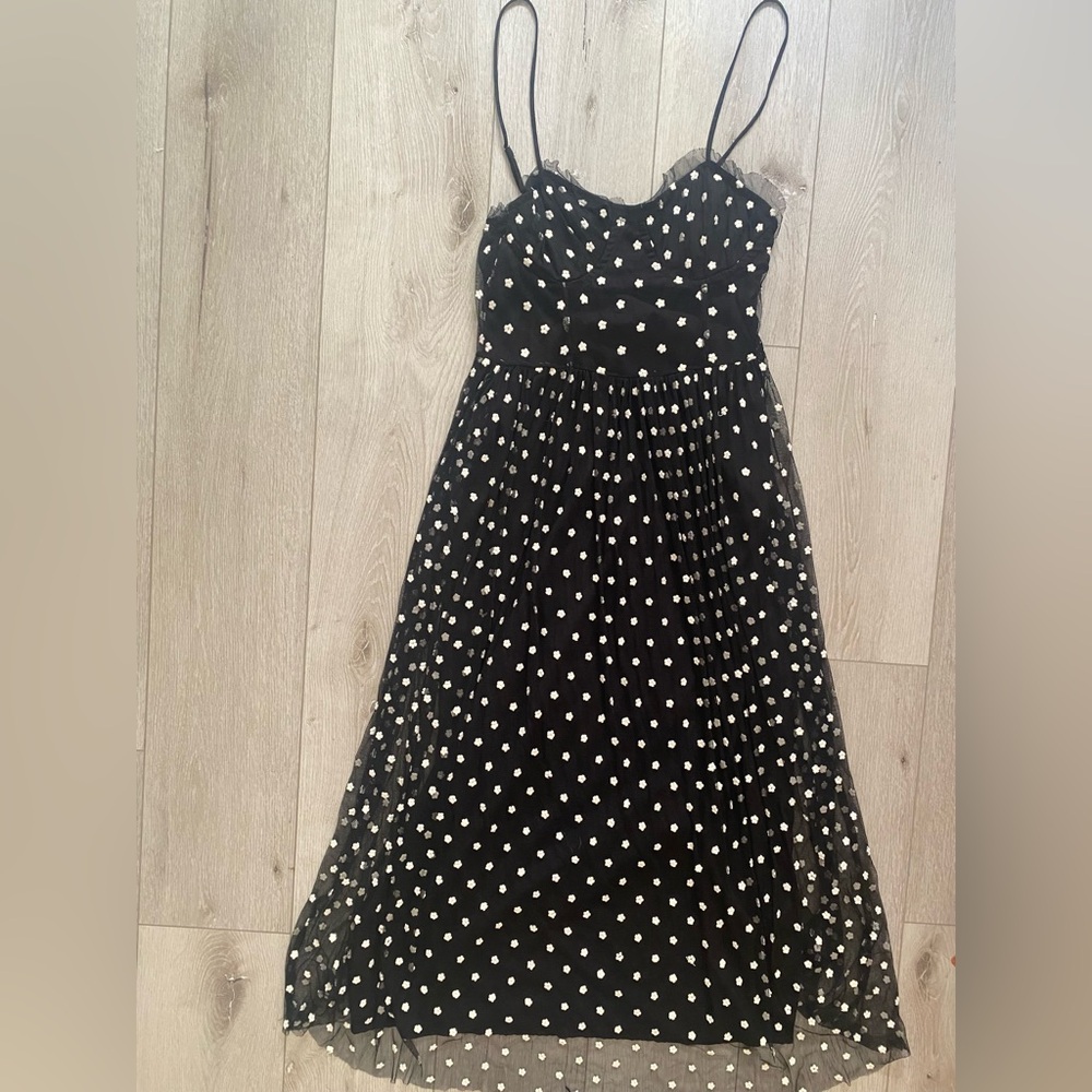Zara Tulle Black and White Floral Appliqué Maxi Dress